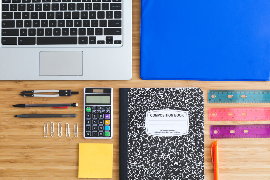 Flatlay of school supplies.