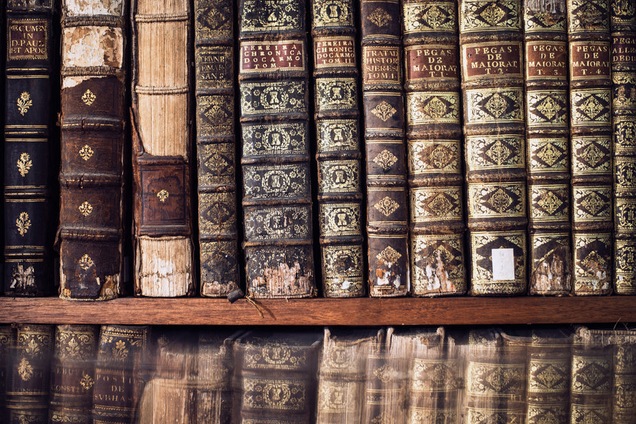 A wealth of knowledge in these antique books share space on a library shelf.