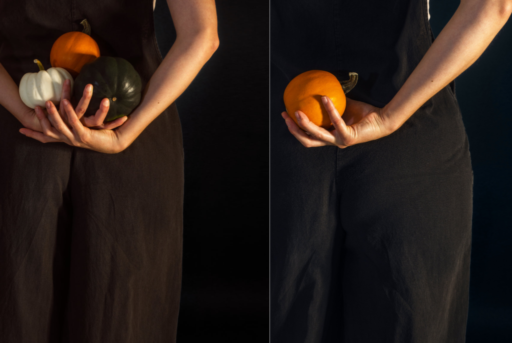 woman holding pumpkins behind her back. metaphor for bad memory per multitasking