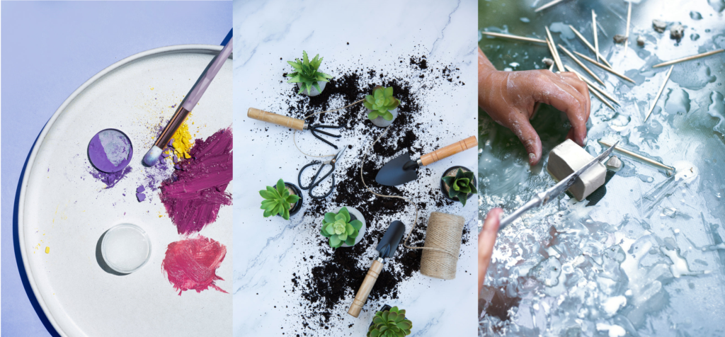 messy makeup, gardening, and art supplies as a metaphor for mistakes made in multitasking