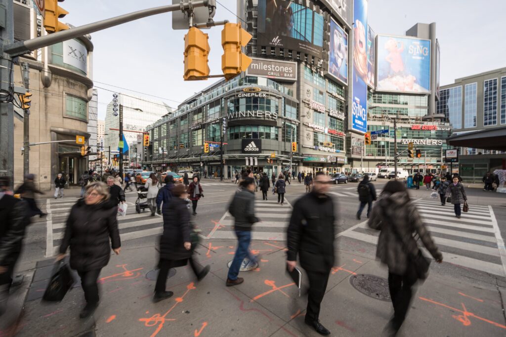 Busy city square in Canada. Helpful tip for becoming a scopist