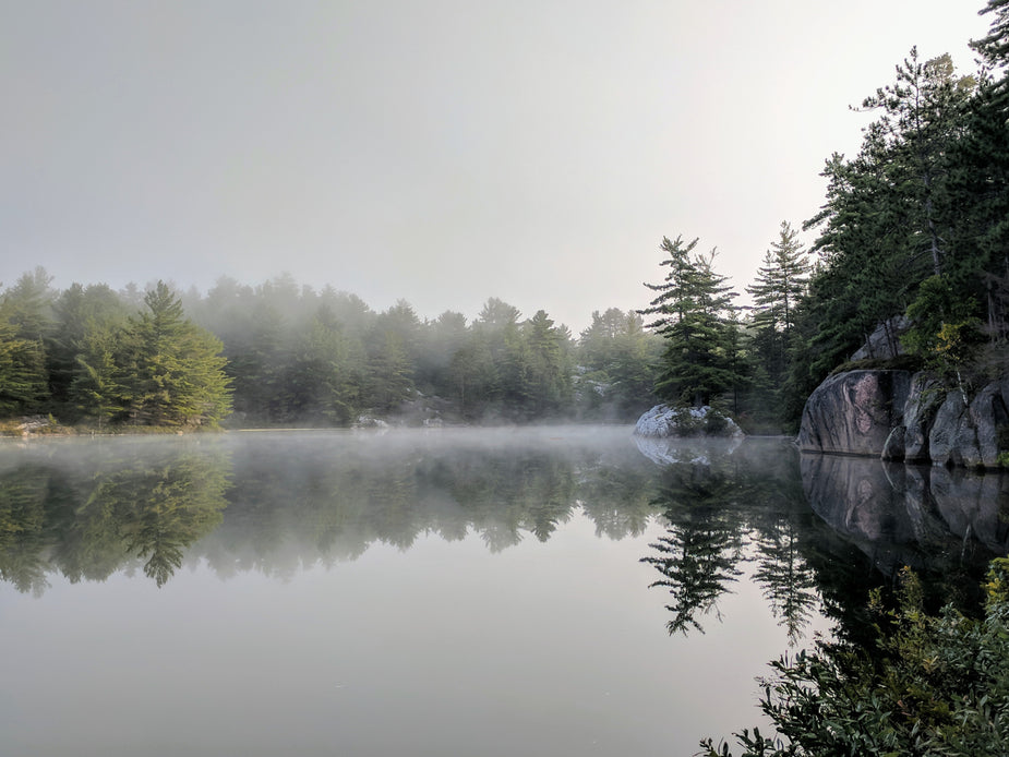 Looks like the Lady of Shallot might float around the corner, for all you Tennyson fans out there...this dreamy scene of a glass still lake with fog gently floating on its' surface and evergreen trees growing out of the surrounding rocky shore is the setting for many a love poem.