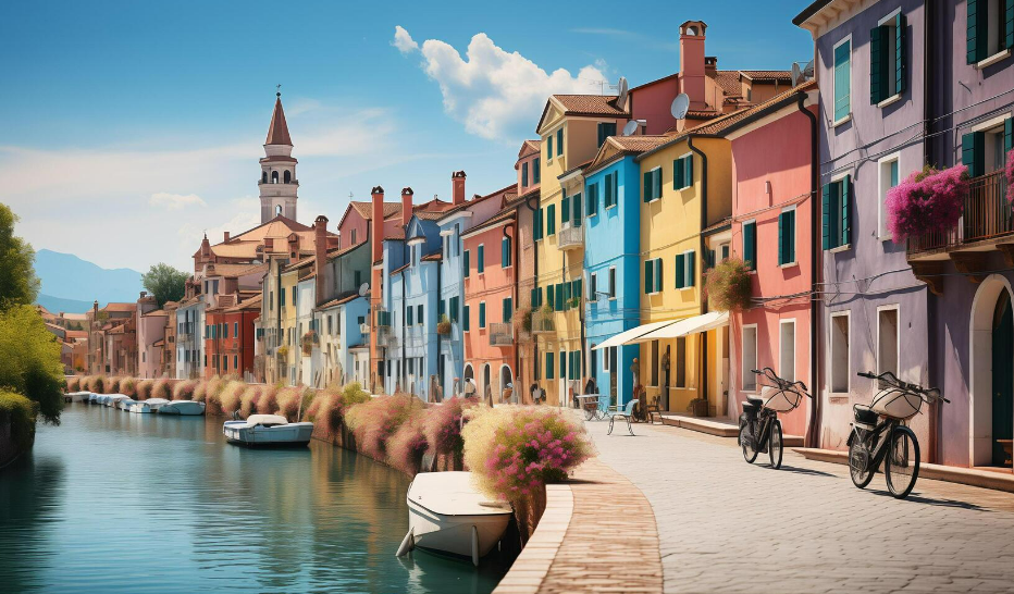 AI generated Traditional gondolas in venetian water canal in Venice. Beautiful turistic place. Travel. Gondolier carries tourists on gondola Grand Canal of Venice, Italy