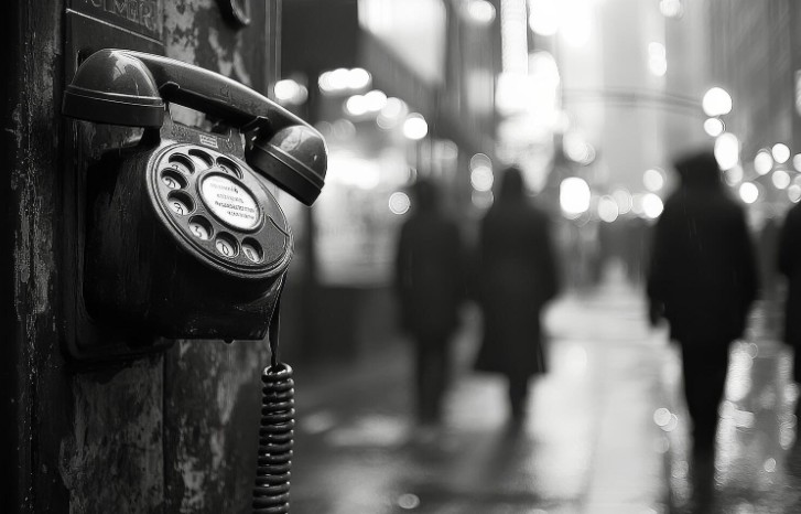 A  vintage payphone stands in a bustling city street during a rainy evening